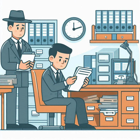 Businessman reading documents in the office. Vector illustration in cartoon styleのイラスト素材