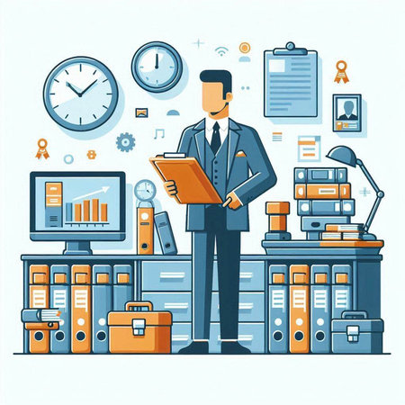 Businessman standing in the office. Vector illustration in flat style.のイラスト素材