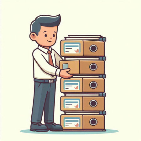 Businessman with stack of folders. Vector illustration in cartoon style.のイラスト素材