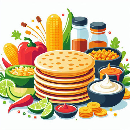 Illustration of a set of ingredients for mexican tacos, vector illustrationのイラスト素材