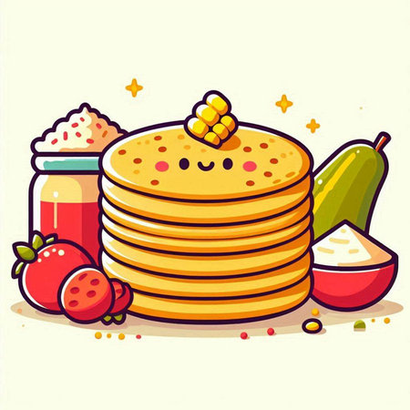 Illustration of a stack of pancakes with a smiley face. Vector illustration.のイラスト素材