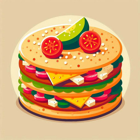 Illustration of a hamburger with cheese, tomato and cucumberのイラスト素材