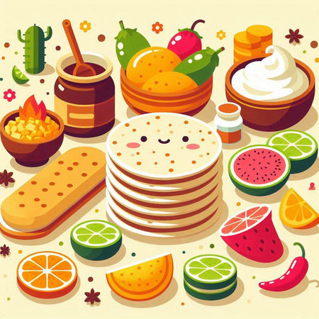 Illustration of a healthy breakfast with pancakes, honey, fruits and vegetablesのイラスト素材