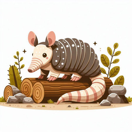 Armadillo on a log. Cute cartoon vector illustration.のイラスト素材