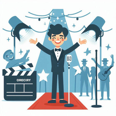 Cinema vector illustration in flat cartoon style. Showman with microphone and clapperboard.のイラスト素材