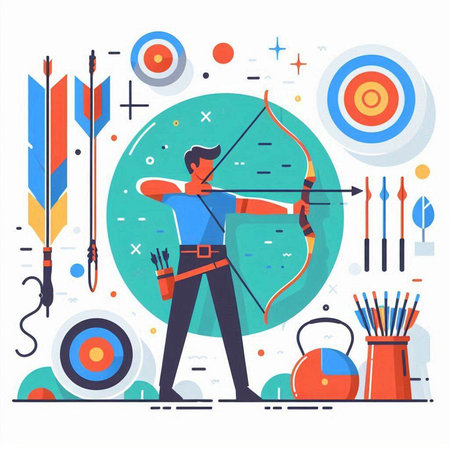 Archery flat vector illustration. Cartoon male character with bow, arrow and target. Archery concept for banner, website design or landing web pageのイラスト素材