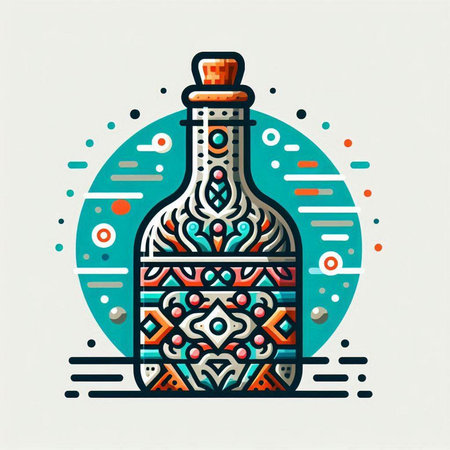 Colorful vector illustration of a bottle of wine with ornamental pattern.のイラスト素材