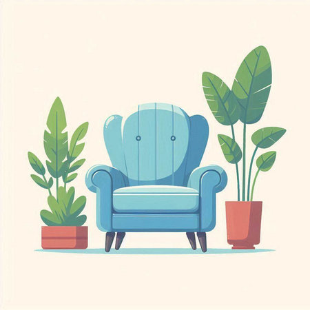 Comfortable armchair and houseplants. Vector illustration in flat styleのイラスト素材