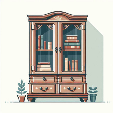Cabinet with books and plants. Vector illustration in retro style.のイラスト素材