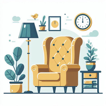 Living room interior with armchair, nightstand, plant, clock and window. Flat vector illustration.のイラスト素材