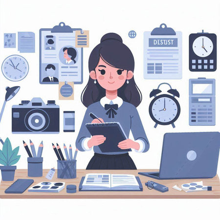 Young business woman working in office. Vector illustration in cartoon style.のイラスト素材