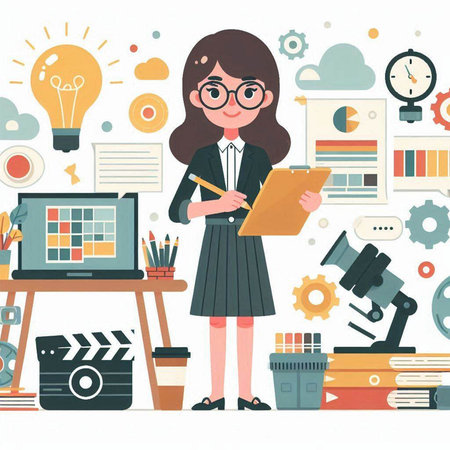 Cute business woman in office. Vector illustration in flat style.のイラスト素材