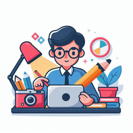 Businessman working on laptop in office. Flat design style vector illustration.のイラスト素材