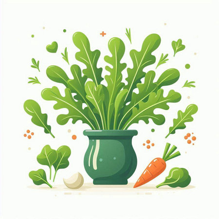 Ceramic pot with fresh green salad and carrot. Vector illustration.のイラスト素材