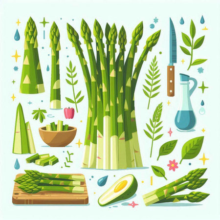 Vector illustration of fresh green asparagus set. Vegetarian healthy food.のイラスト素材