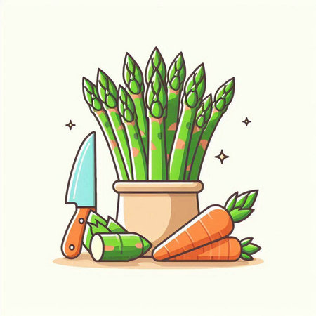 Vector illustration of fresh green asparagus in pot with knife and carrot.のイラスト素材