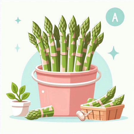 Illustration of green asparagus in a pot. Vector illustration.のイラスト素材