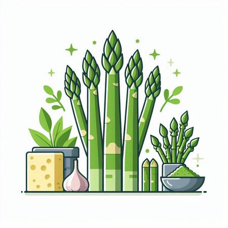 Vector illustration of green asparagus in a pot with herbs.のイラスト素材