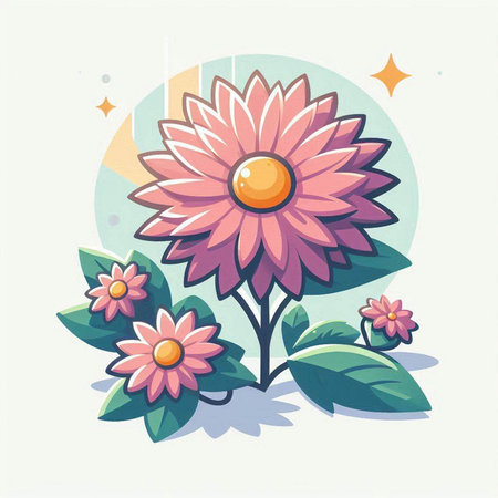 Illustration of a pink chrysanthemum with green leavesのイラスト素材