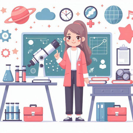 Cute little girl with a microscope in the classroom. Vector illustrationのイラスト素材