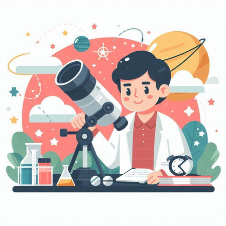 Scientist and telescope. Vector illustration in flat style. Education concept.のイラスト素材