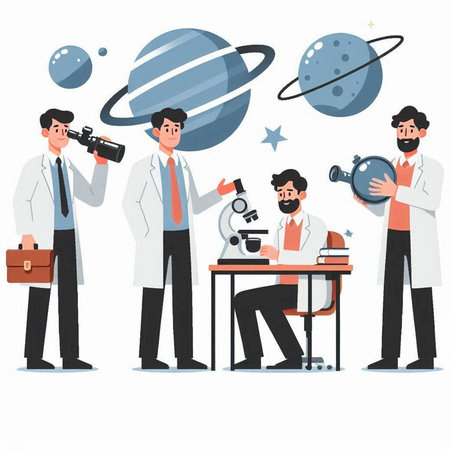 Scientist characters working on science project. Vector flat style cartoon illustrationのイラスト素材