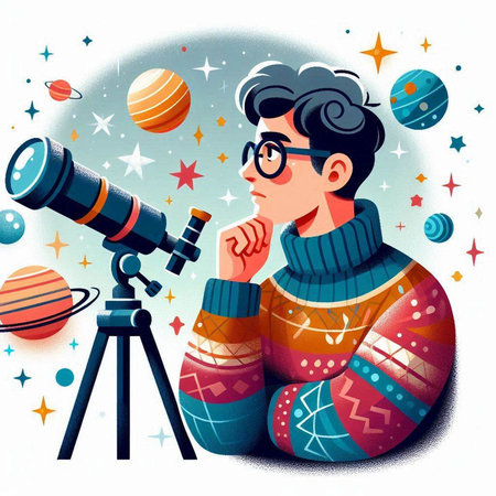 Vector illustration of a boy in a winter sweater looking through a telescopeのイラスト素材
