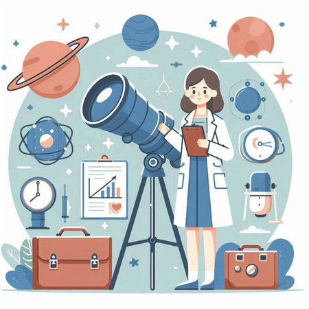 Astronomy and science vector illustration in flat style. Woman scientist looks through a telescope on the background of the planet.のイラスト素材