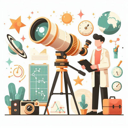 Astronaut with telescope. Astronomy, astronomy, space research. Vector illustrationのイラスト素材