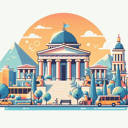 School building in the city. Education concept. Vector illustration in flat style.のイラスト素材