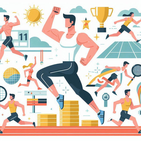 Sport and healthy lifestyle concept. Flat vector illustration of people running and exercising.のイラスト素材