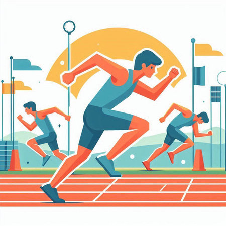 Man and woman running on stadium track. Vector illustration in flat styleのイラスト素材