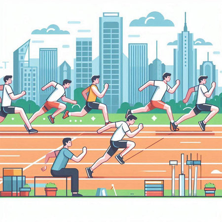 People running on track and field. Vector illustration in flat style.のイラスト素材