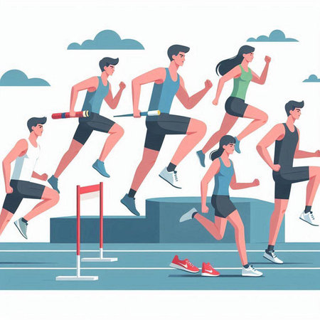 Fitness people running and jumping. Vector illustration in flat cartoon styleのイラスト素材