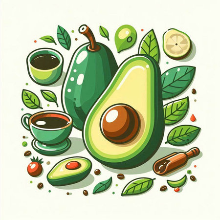 Avocado, cup of tea and leaves. Vector illustration of healthy food.のイラスト素材