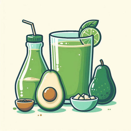 Avocado smoothie in glass and ingredients. Hand drawn vector illustration.のイラスト素材
