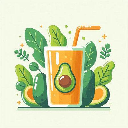 Avocado smoothie in a glass with a straw. Vector illustration.のイラスト素材