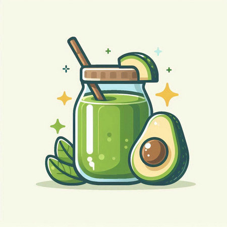 Avocado smoothie in a jar with a straw. Vector illustration.のイラスト素材