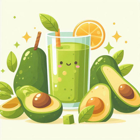 Avocado smoothie in a glass with fruits and leaves. Vector illustration.のイラスト素材