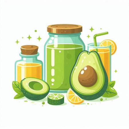 Avocado smoothie in glass jar with ingredients. Vector illustration.のイラスト素材