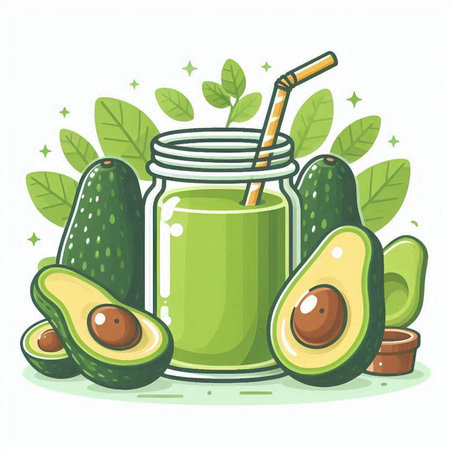 Avocado smoothie in glass jar with straw and ingredients. Vector illustration.のイラスト素材