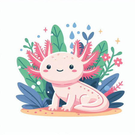 Cute cartoon chameleon with flowers and leaves. Vector illustration.のイラスト素材