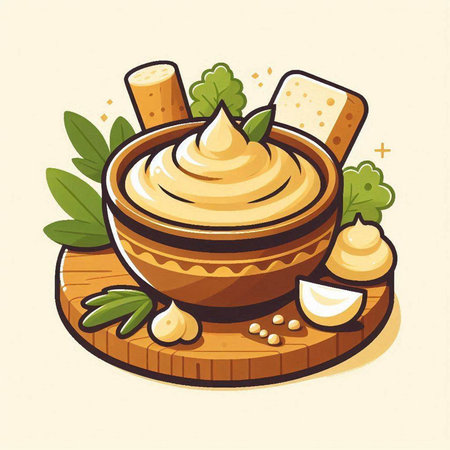 Hummus in wooden bowl with herbs and spices. Vector illustration.のイラスト素材