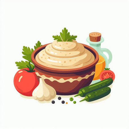 Bowl of hummus with ingredients on white background. Vector illustration.のイラスト素材