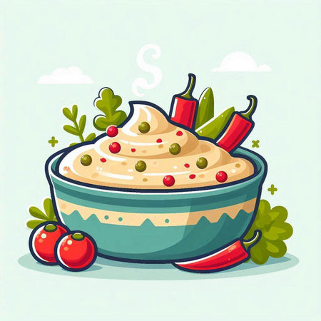 Bowl of hummus with vegetables and herbs. Vector illustration.のイラスト素材