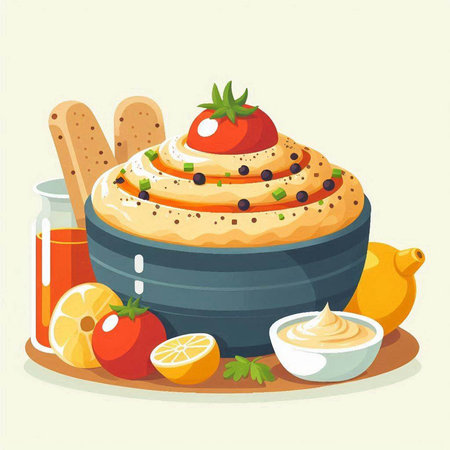 Hummus in a bowl and ingredients for cooking. Vector illustration.のイラスト素材