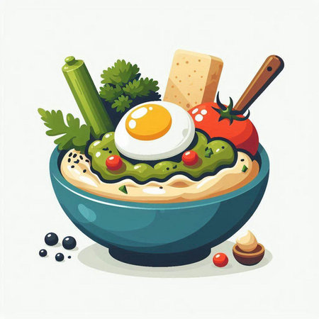 Bowl of hummus with egg and vegetables. Vector illustration.のイラスト素材