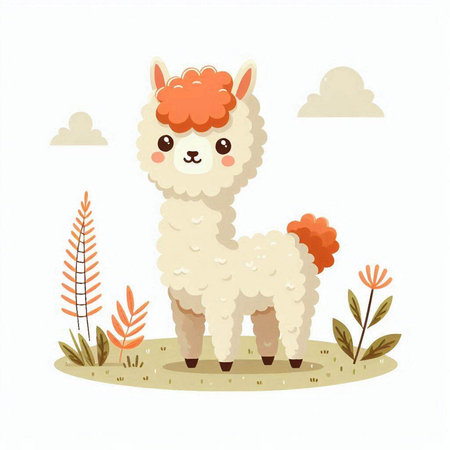 Cute alpaca on the background of nature. Vector illustration.のイラスト素材