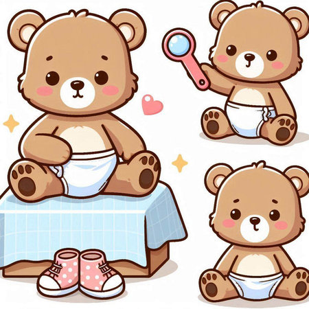 Cute teddy bears with diaper and magnifying glass. Vector illustration.のイラスト素材