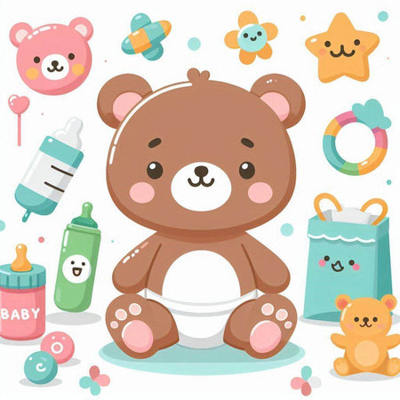 Cute Teddy Bear with Baby Shower Set. Vector Illustrationのイラスト素材